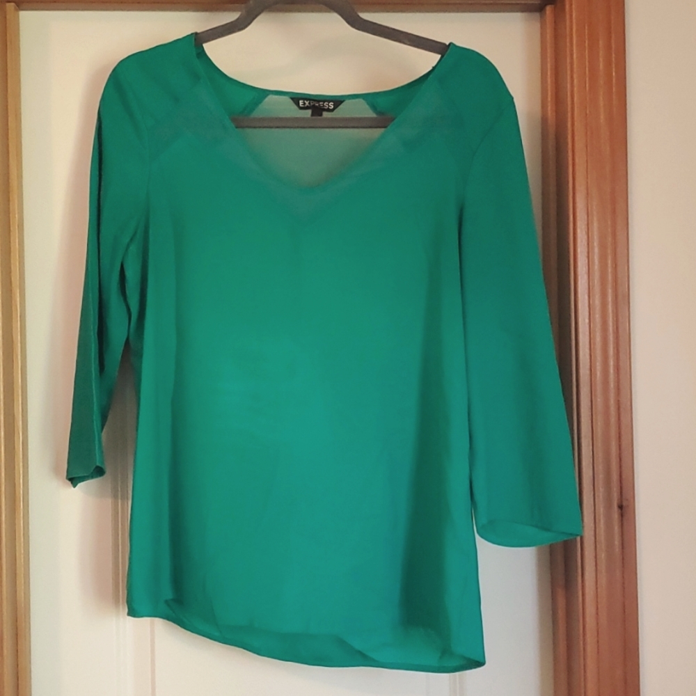 Kelly Green blouse with sheer detail around neck
